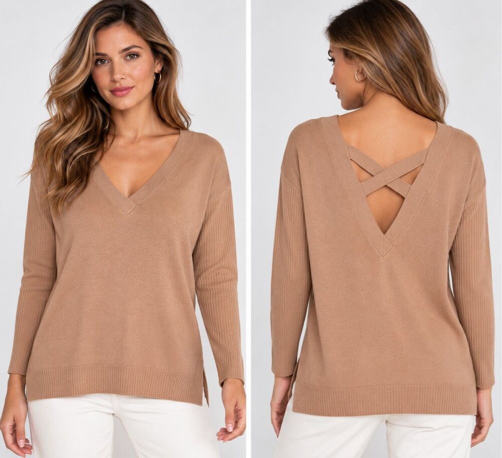 POOF New York Camel V Neck Knit Sweater Criss Cross Back Stylish Modern Size M